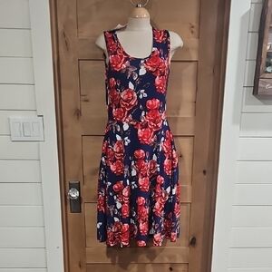 LuLaroe Floral Scoop-Neck Navy & Red Sleeveless Dress Sz Med  Nwt Pockets.
